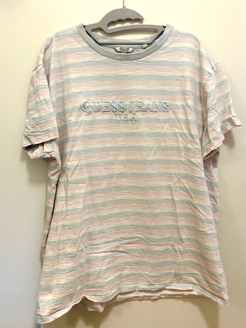 Guess x A$AP Rocky Striped Pastel Crewneck T-Shirt - Light Blue, Pink, Cream